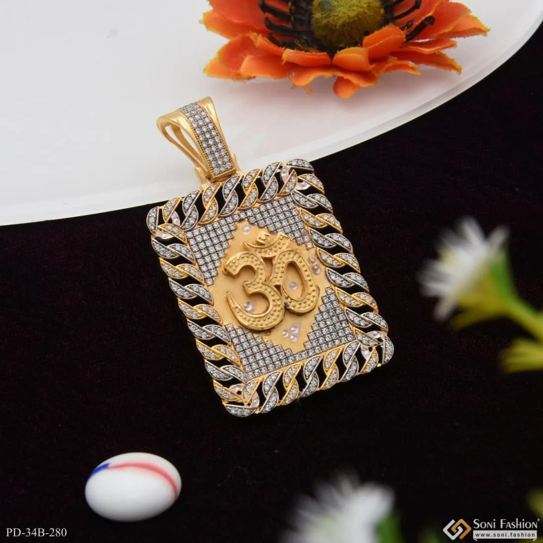 1 Gram Gold Forming Om With Diamond Fashionable Design Pendant For Men - Style B280