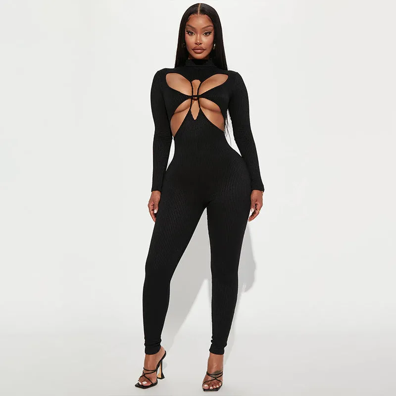 10458 Knitting Long Sleeve Hollow Out Sexy Evening One Piece Jumpsuit 2022 New Fashion Winter Wholesale American Clothing