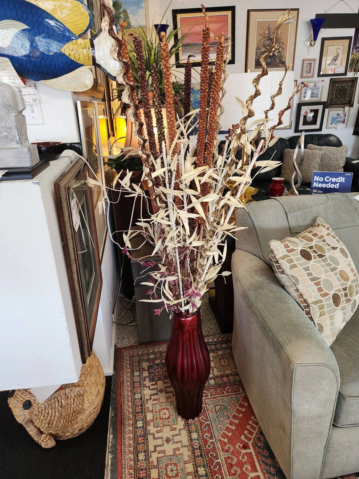 24" Tall Red Floor Vase w. Flower Stick Decor