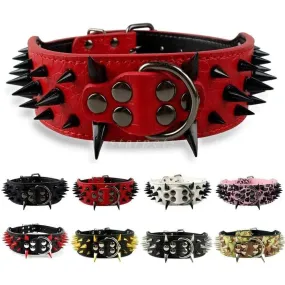 2" Wide Sharp Spiked Studded Leather Dog Collars Pitbull Bulldog Big Dog Collar Adjustable