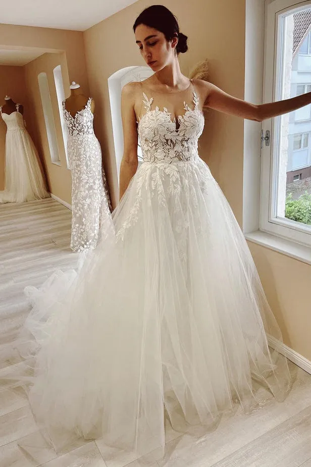 A Line Sheer Neck Tulle Wedding Dresses with Appliques N069