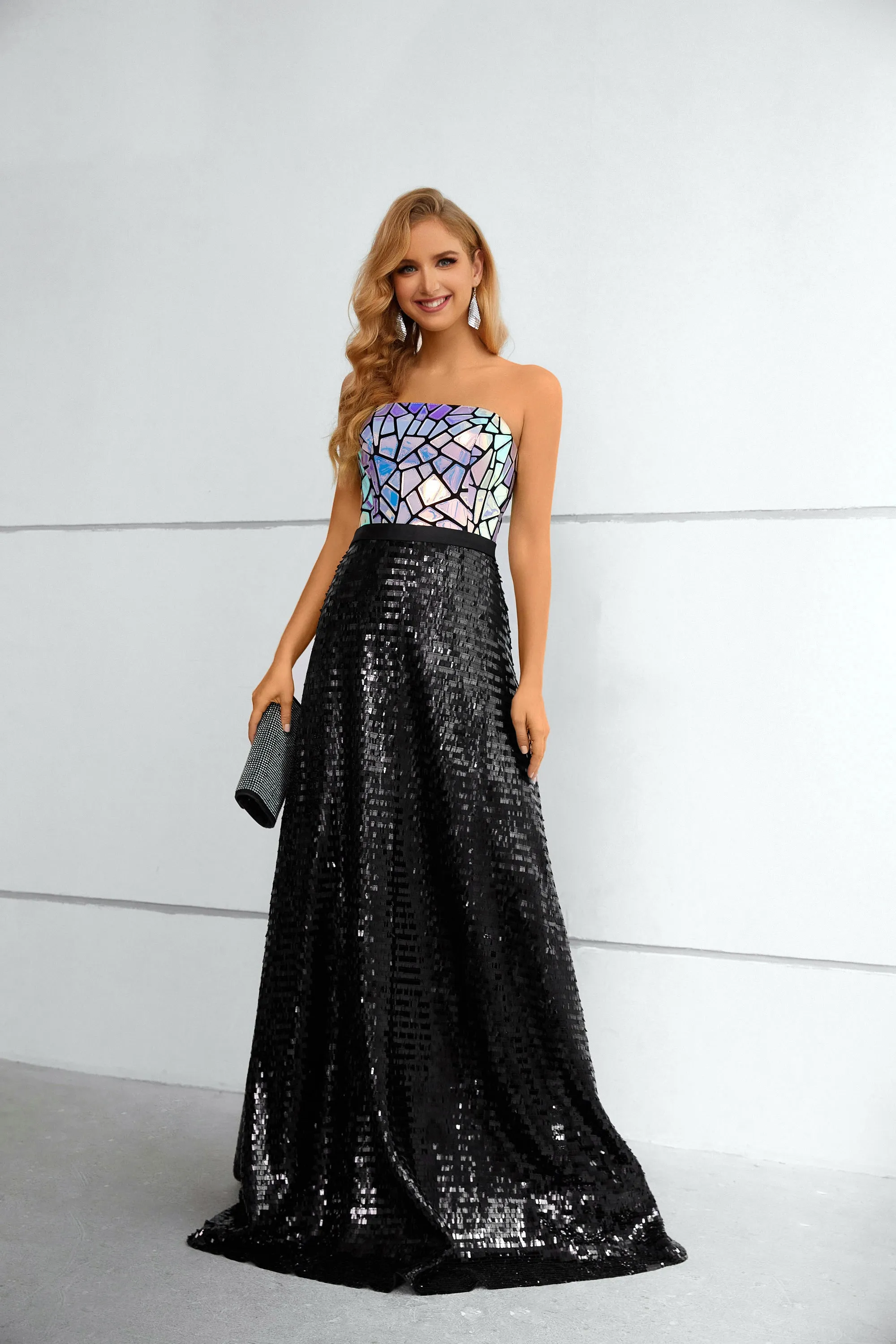 A-Line Strapless Sleeveless Long Prom Dress With Sequins