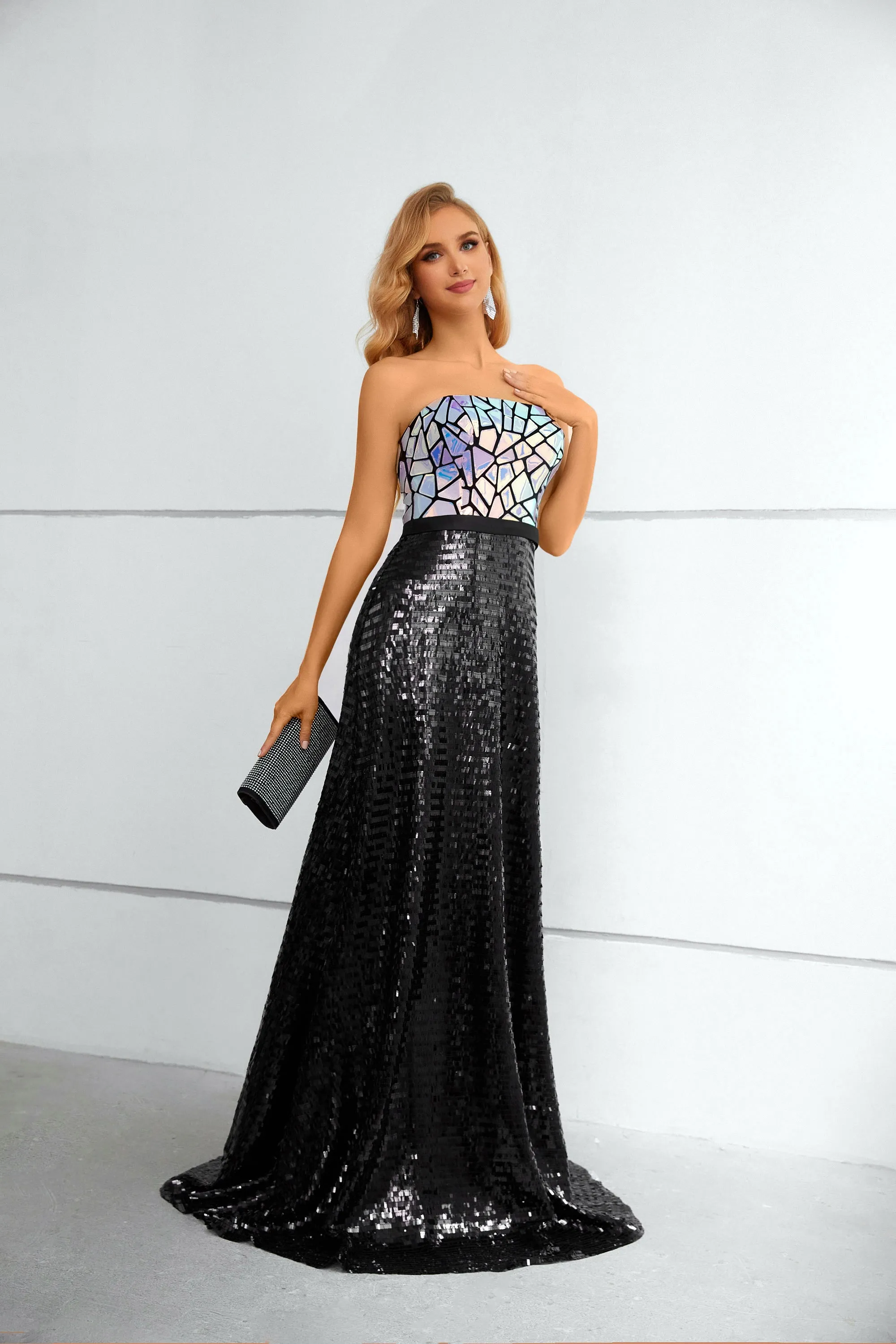 A-Line Strapless Sleeveless Long Prom Dress With Sequins