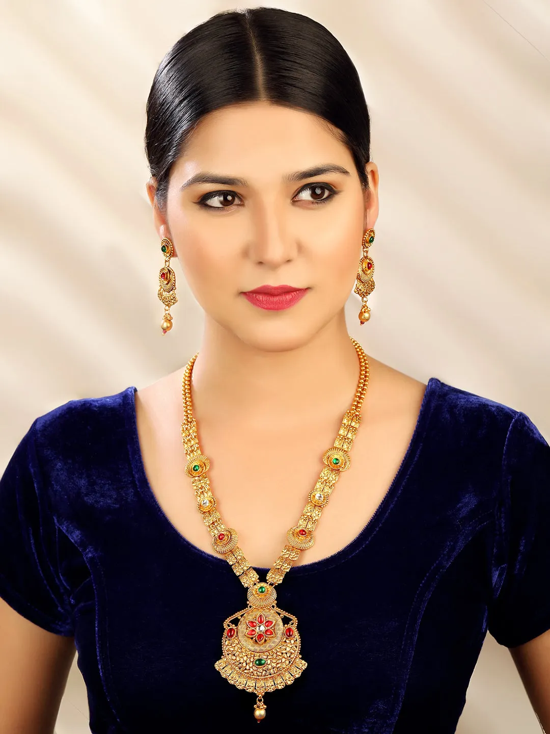 Aadita Gold-Plated & Red e Studded Jewellery Set