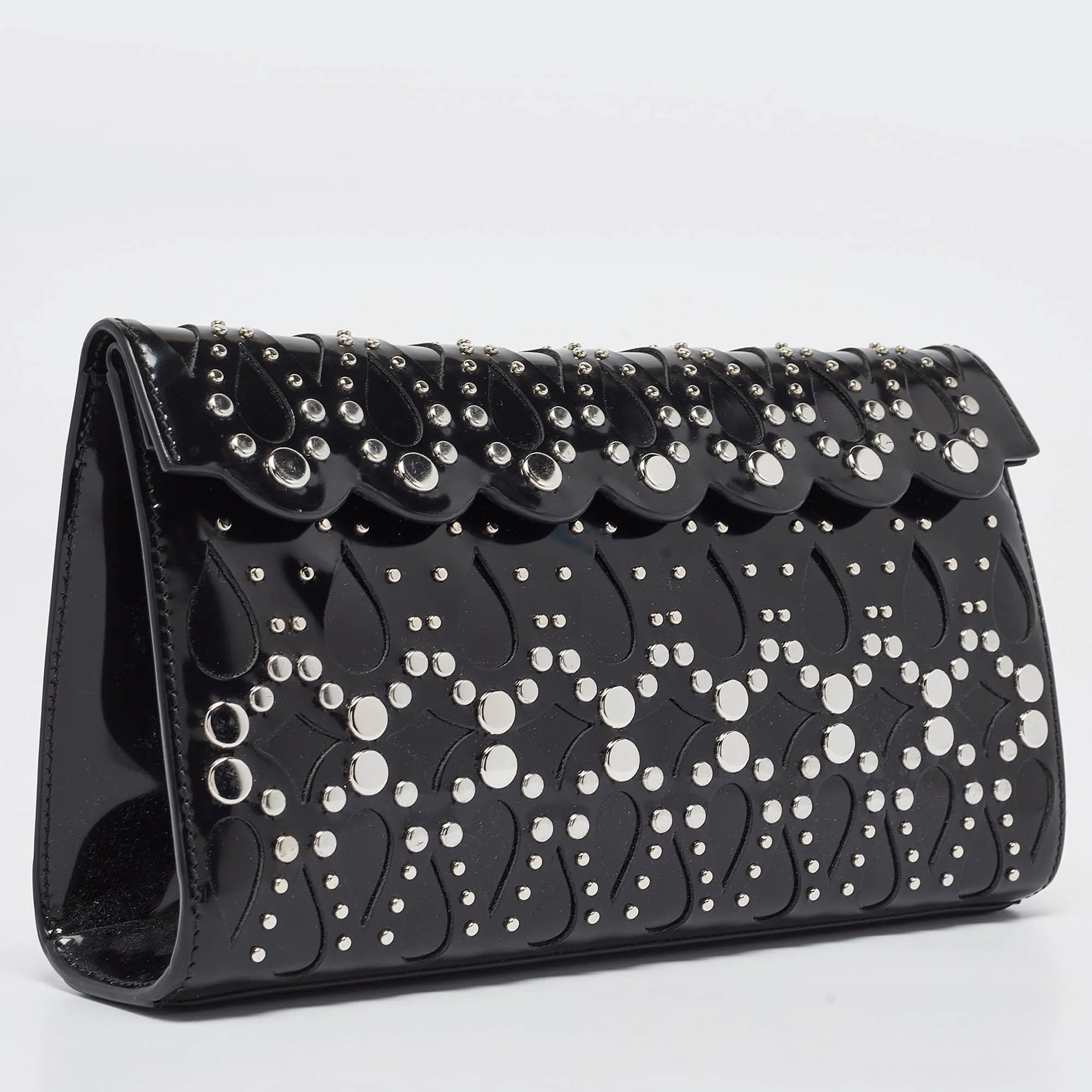 ALAIA Black Patent Leather Studded Flap Clutch