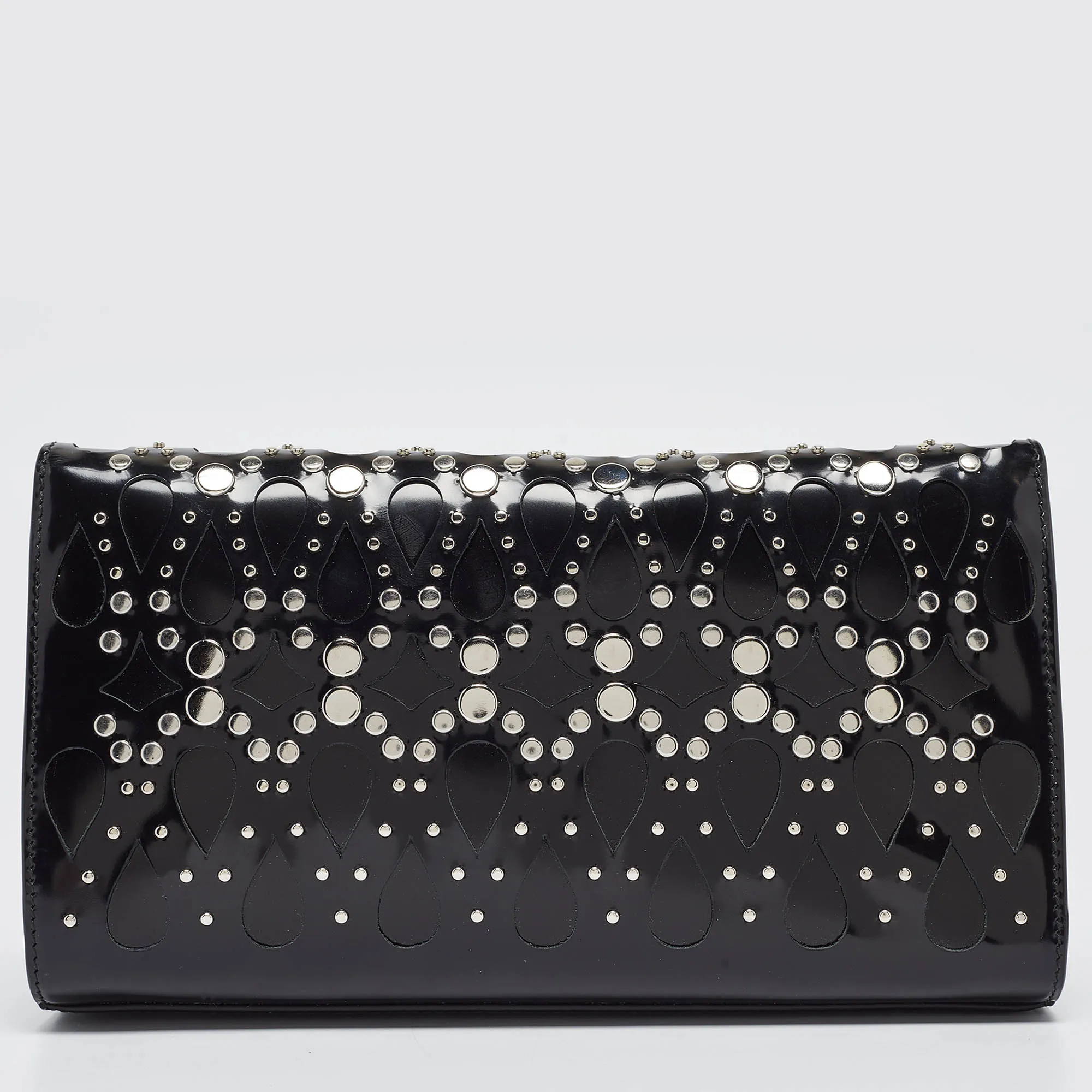 ALAIA Black Patent Leather Studded Flap Clutch