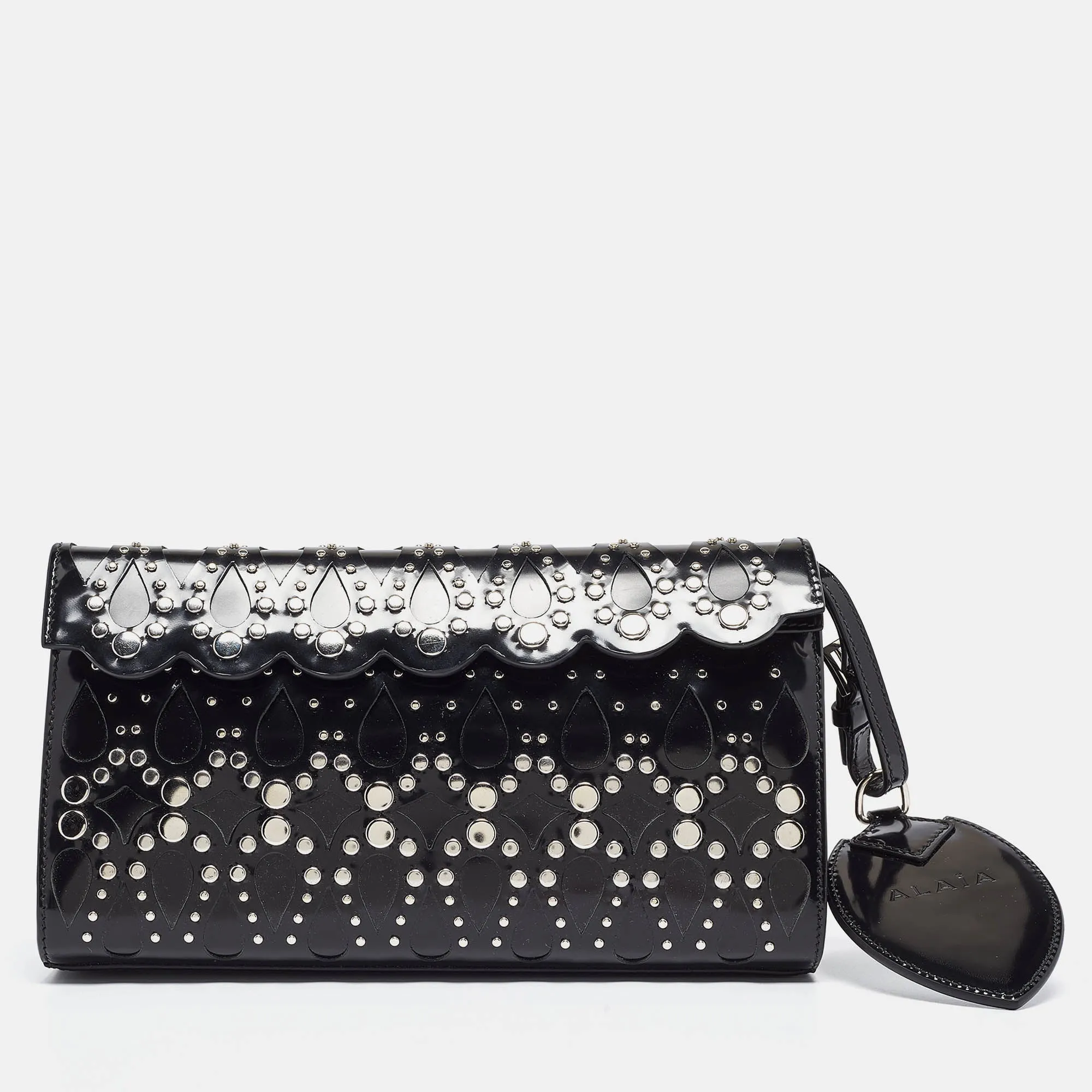 ALAIA Black Patent Leather Studded Flap Clutch