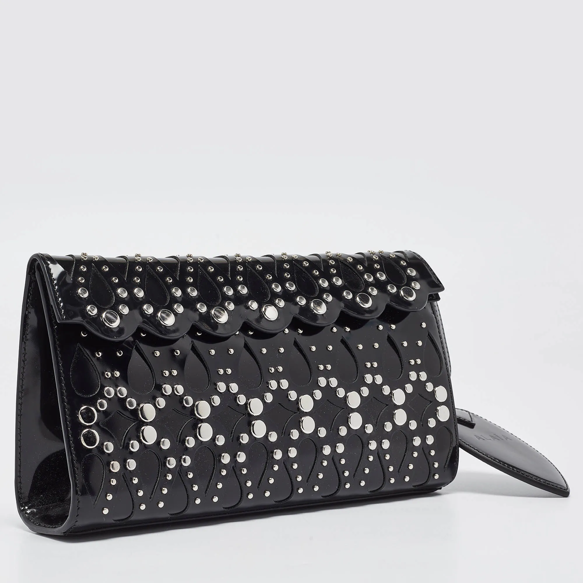 ALAIA Black Patent Leather Studded Flap Clutch