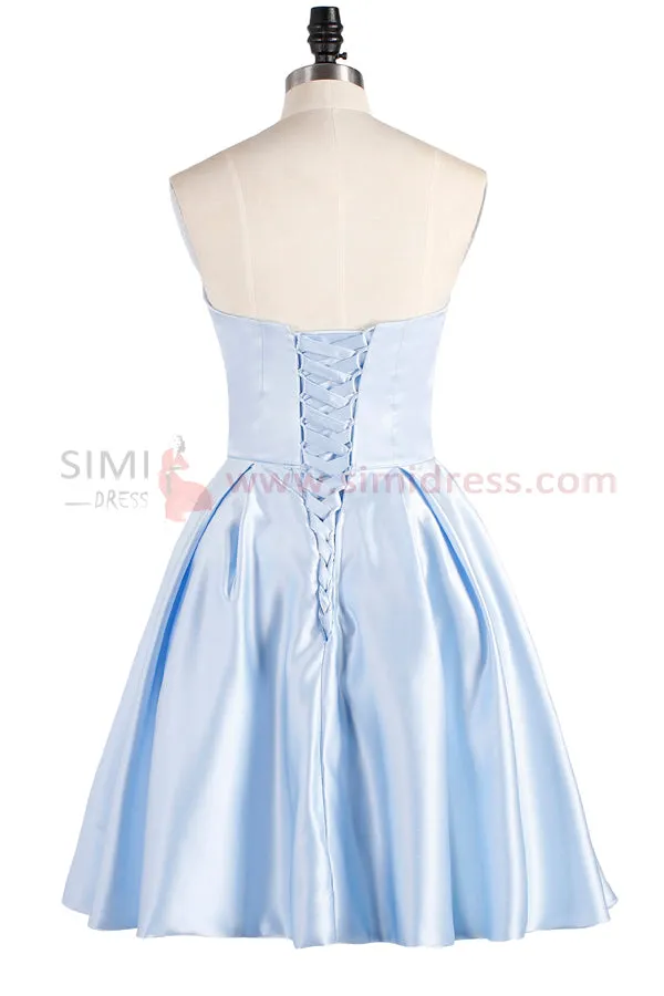 Beautiful Light Blue A-line Satin Homecoming Dress Short Prom Dress, SH353