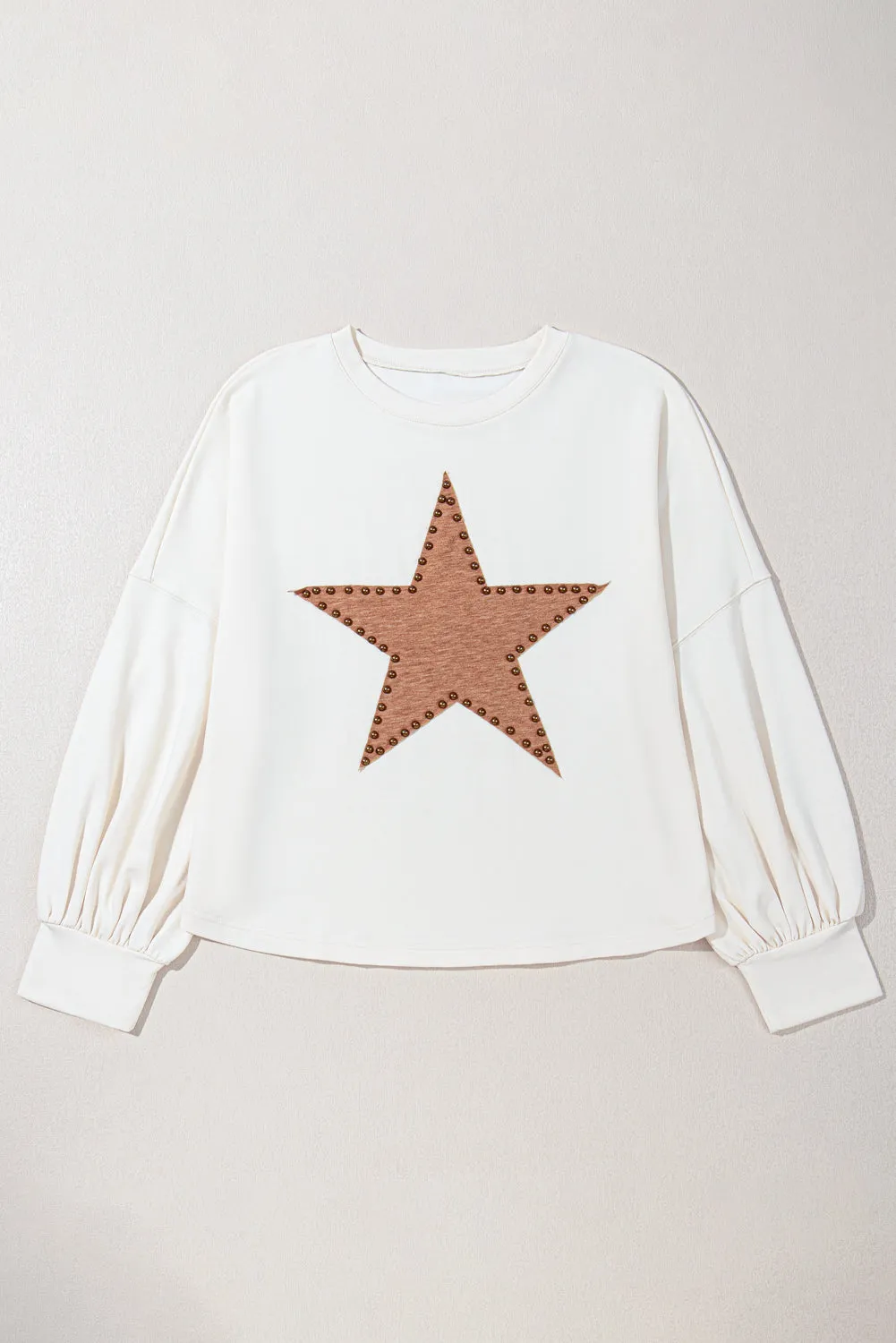 Beige Star Shape Studded Crew Neck Plus Size T Shirt