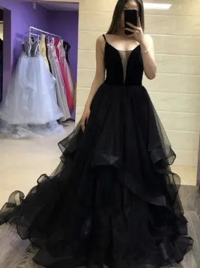 Black Tulle Long Prom Dresses, Black Evening Dress With Ruffles PO376