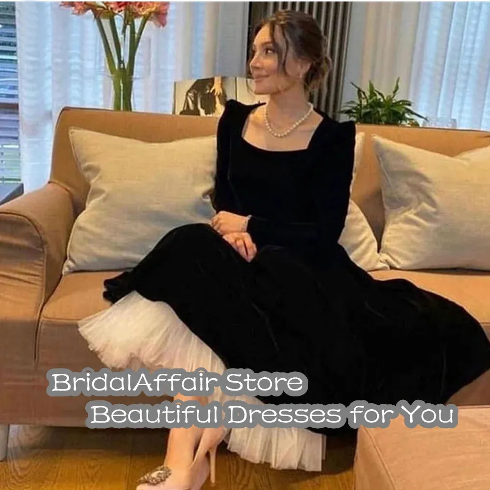 BridalAffair Modest Black Velvet Evening Dresses Long Sleeve Square Collar White Bottom Tea Length Formal Party Simple Prom Gown