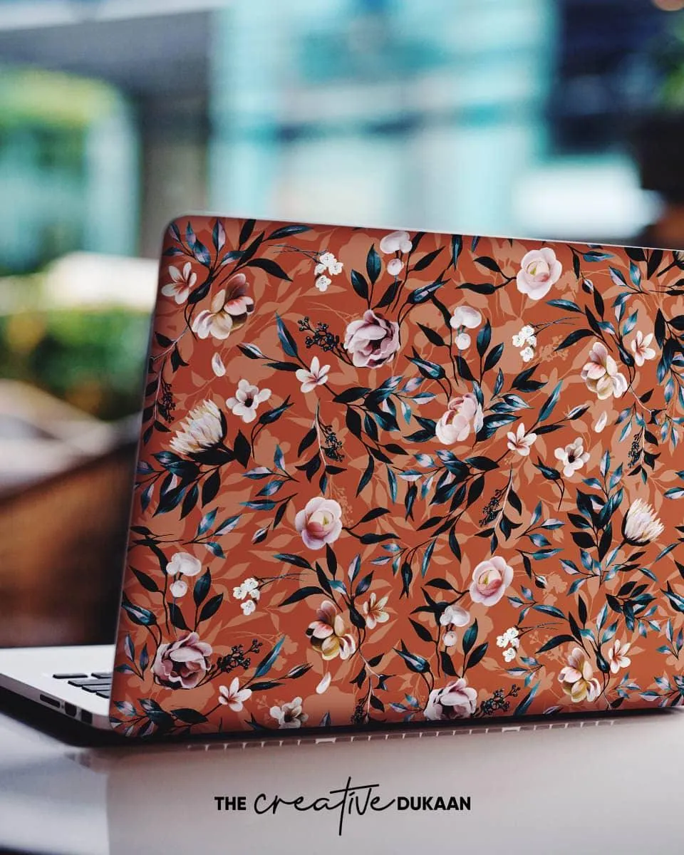 Brown Floral Laptop Skin With Pleasant Flower Printed Design