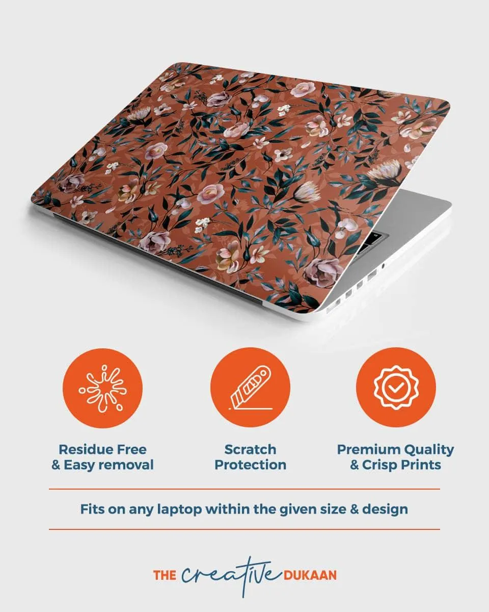 Brown Floral Laptop Skin With Pleasant Flower Printed Design