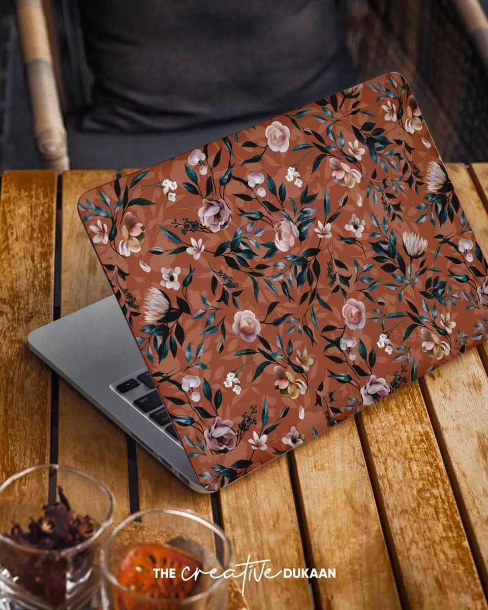 Brown Floral Laptop Skin With Pleasant Flower Printed Design