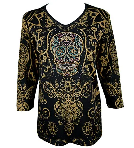 Cactus Bay Sugar Skull, 3/4 Sleeve V-Neck South of The Border Theme Cotton Top