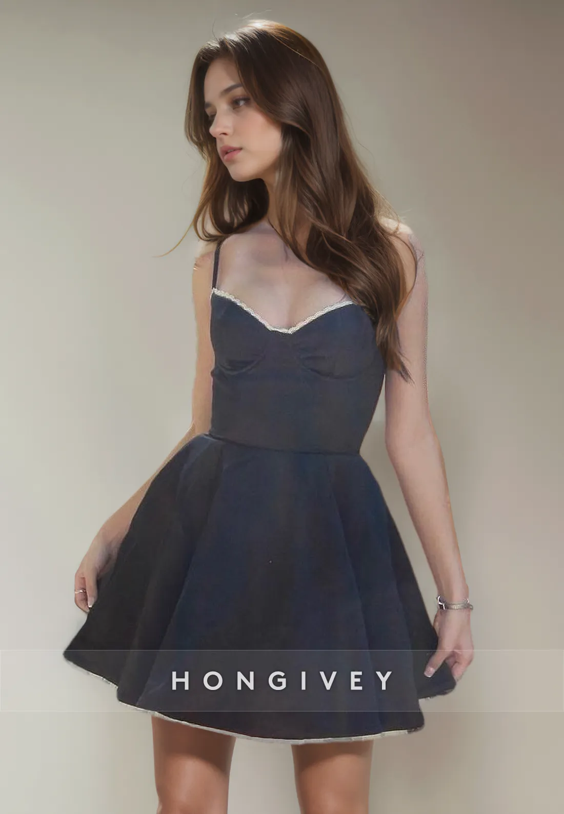 Casual Satin A-Line V-Neck Spaghetti Straps Short Party Homecoming Dress