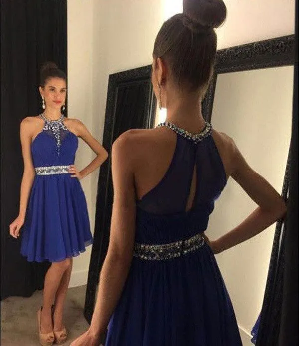 Chiffon A-line Short Prom Dresses with Beading, Halter Sweet Homecoming Dresses, SH27