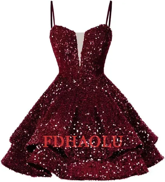 Custom Velvet Sequin V-neck Homecoming With Teens Ruffles Short Mini Backless Lace-up Formal Cocktail Party Sparkly Evening Gown