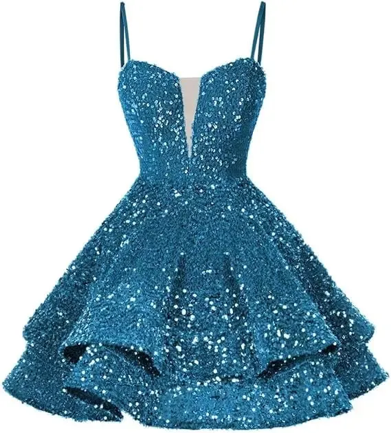 Custom Velvet Sequin V-neck Homecoming With Teens Ruffles Short Mini Backless Lace-up Formal Cocktail Party Sparkly Evening Gown