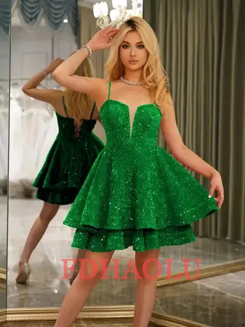 Custom Velvet Sequin V-neck Homecoming With Teens Ruffles Short Mini Backless Lace-up Formal Cocktail Party Sparkly Evening Gown