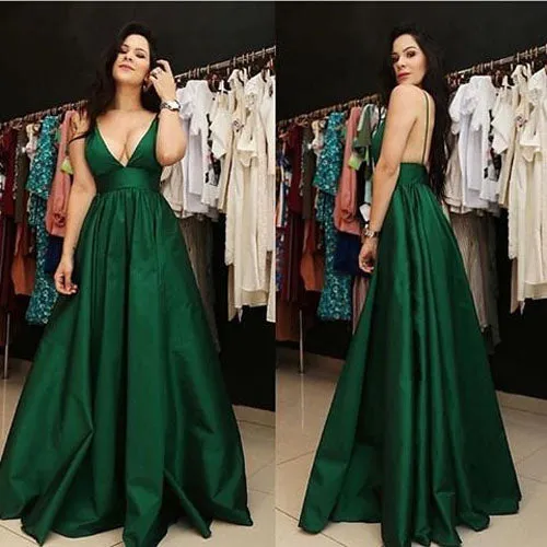 Dark Green Open Back Spaghetti Straps A Line V Neck Prom Dresses with Pockets, SP369