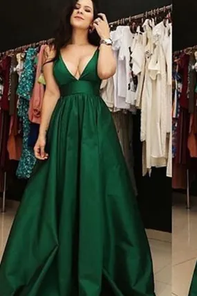 Dark Green Open Back Spaghetti Straps A Line V Neck Prom Dresses with Pockets, SP369