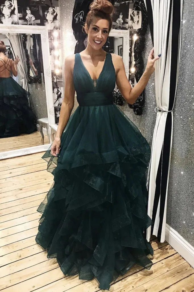 Dark Green Tulle Backless Prom Dresses, Long Evening Dress PO378