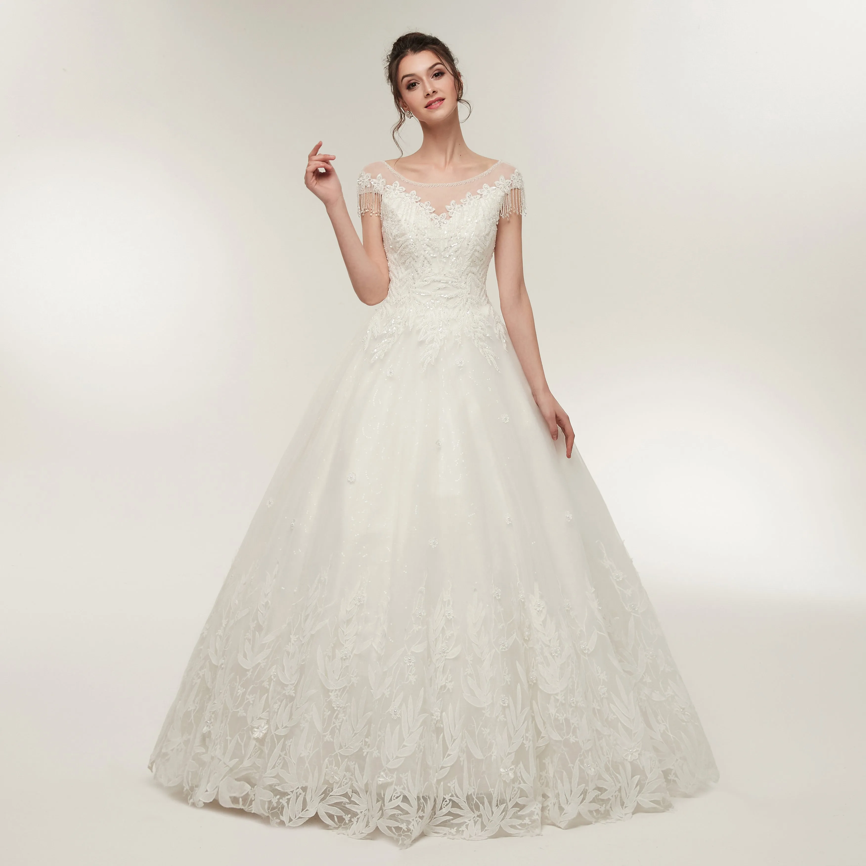 Elegant Princess White Cap Sleeve Tulle Wedding Dresses With Lace Appliques