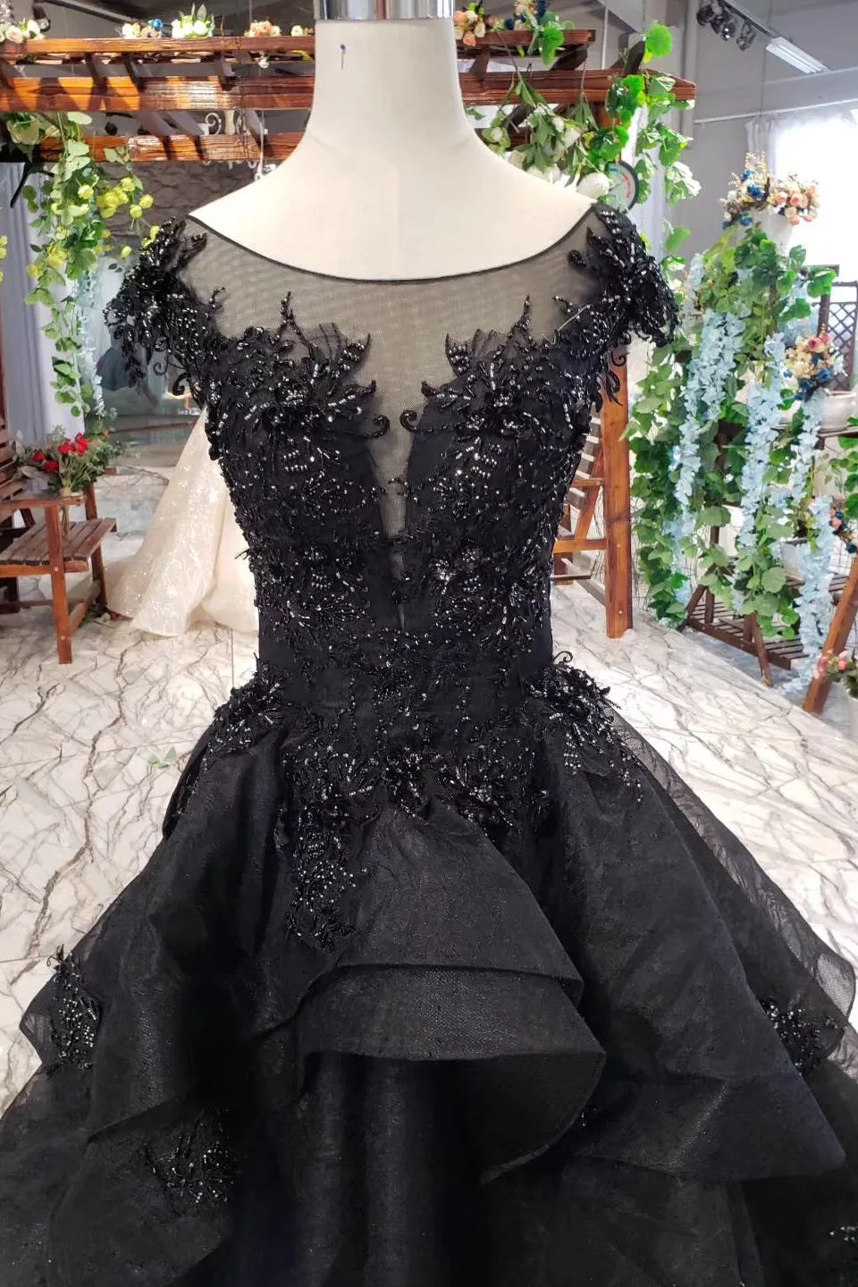 Elegant Sheer Scoop Long Prom Dress Beaded Black Pageant Evening Dress OP902