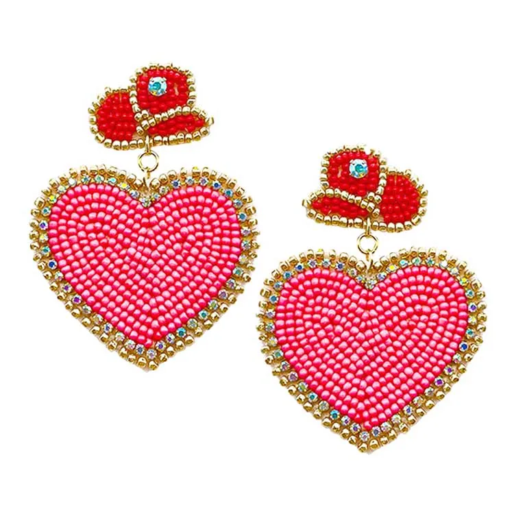 Felt Back Beaded Hat Heart Link Dangle Earrings