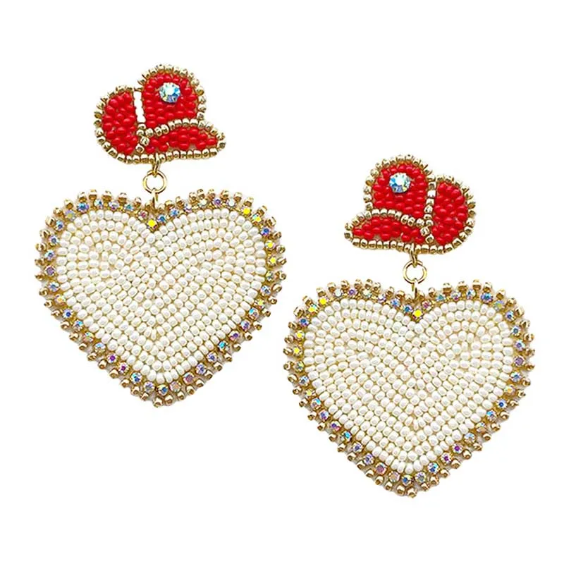 Felt Back Beaded Hat Heart Link Dangle Earrings