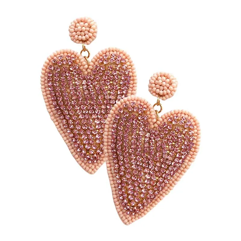 Felt Back Rhinestone Seed Beaded Heart Dangle Earrings