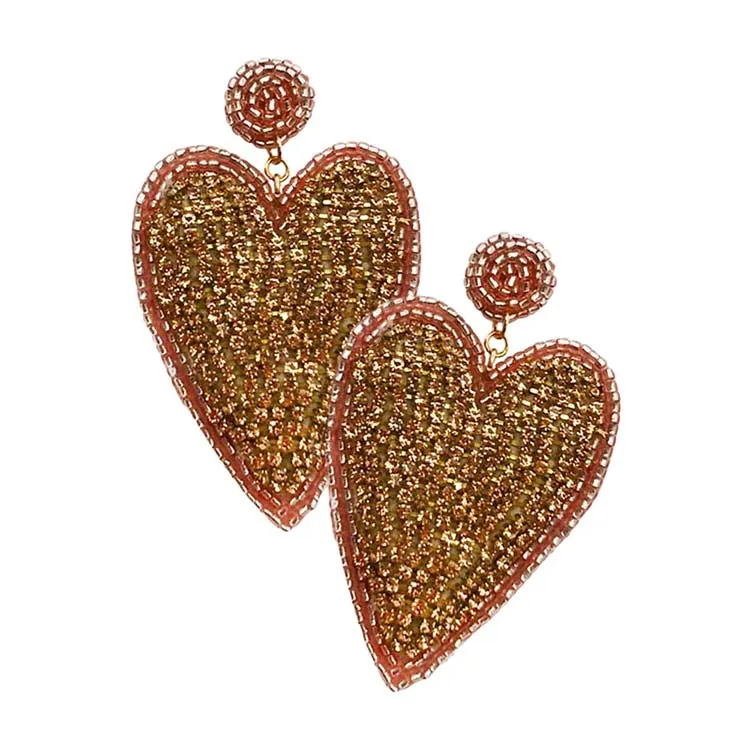 Felt Back Rhinestone Seed Beaded Heart Dangle Earrings