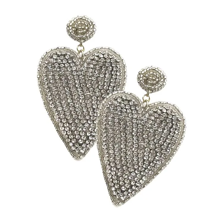 Felt Back Rhinestone Seed Beaded Heart Dangle Earrings