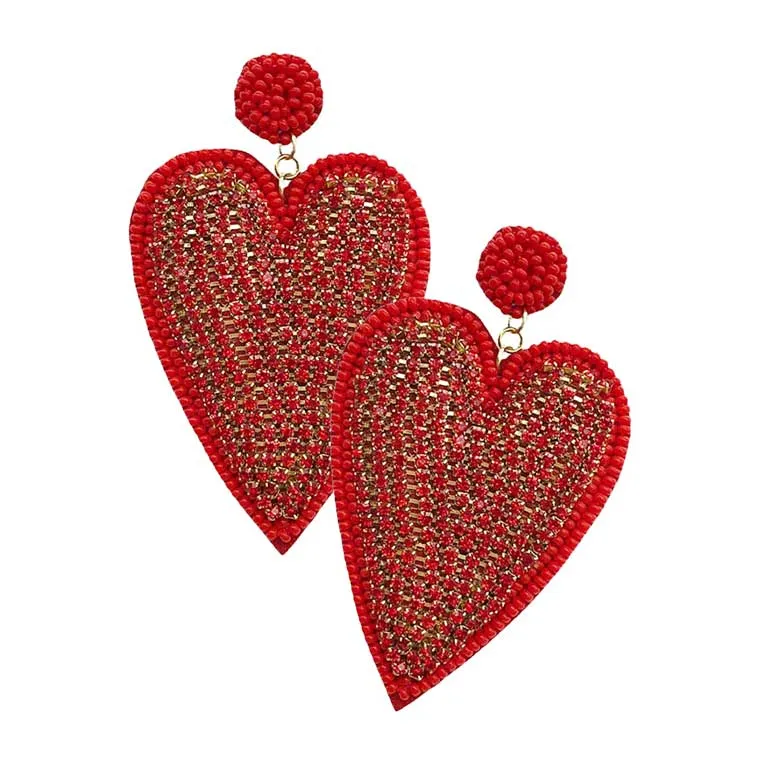 Felt Back Rhinestone Seed Beaded Heart Dangle Earrings