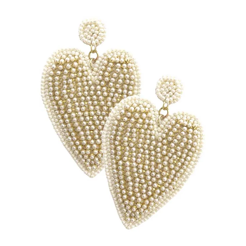 Felt Back Rhinestone Seed Beaded Heart Dangle Earrings