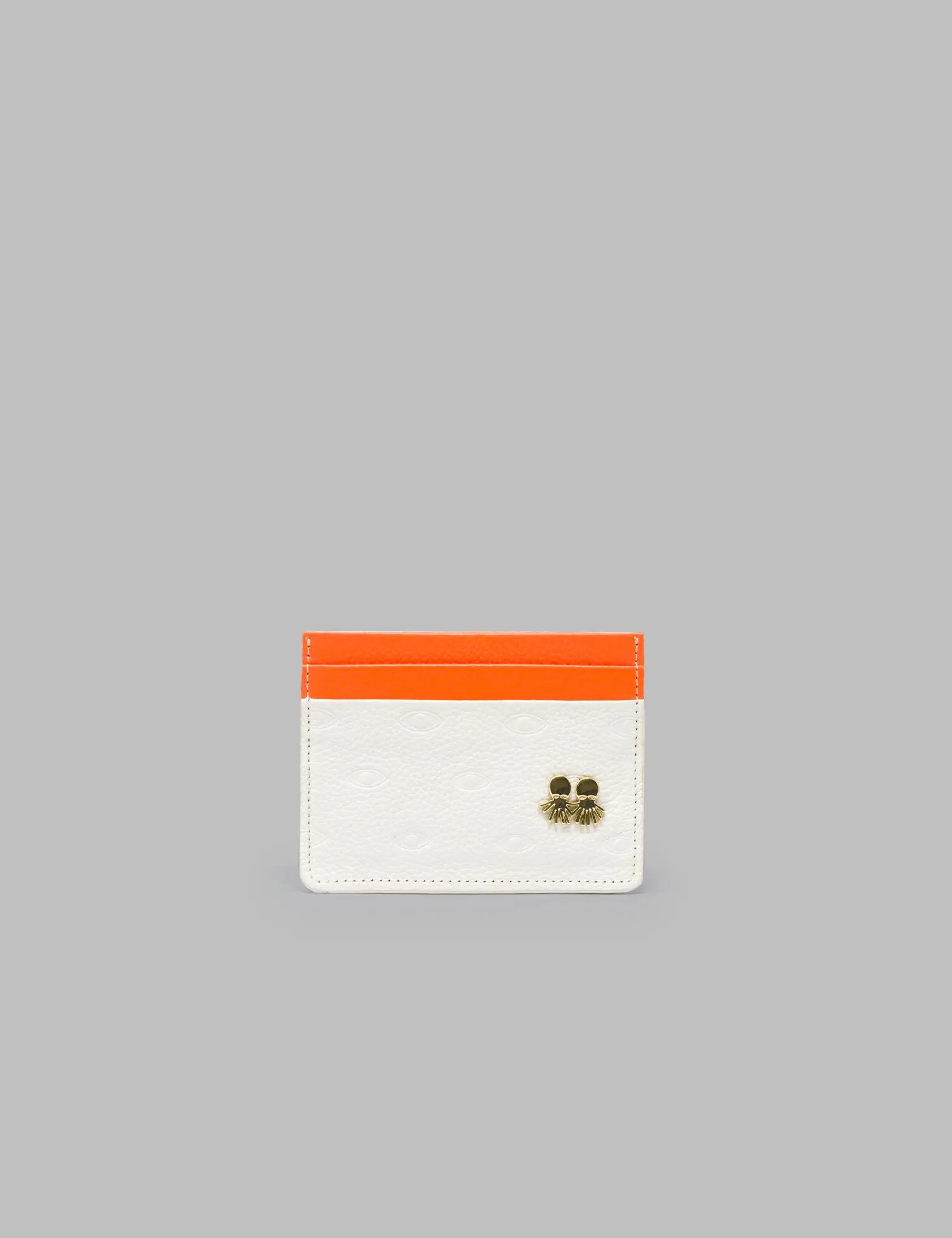 Filium Light Cream And Neon Orange Leather Cardholder - Eyes Pattern Debossed