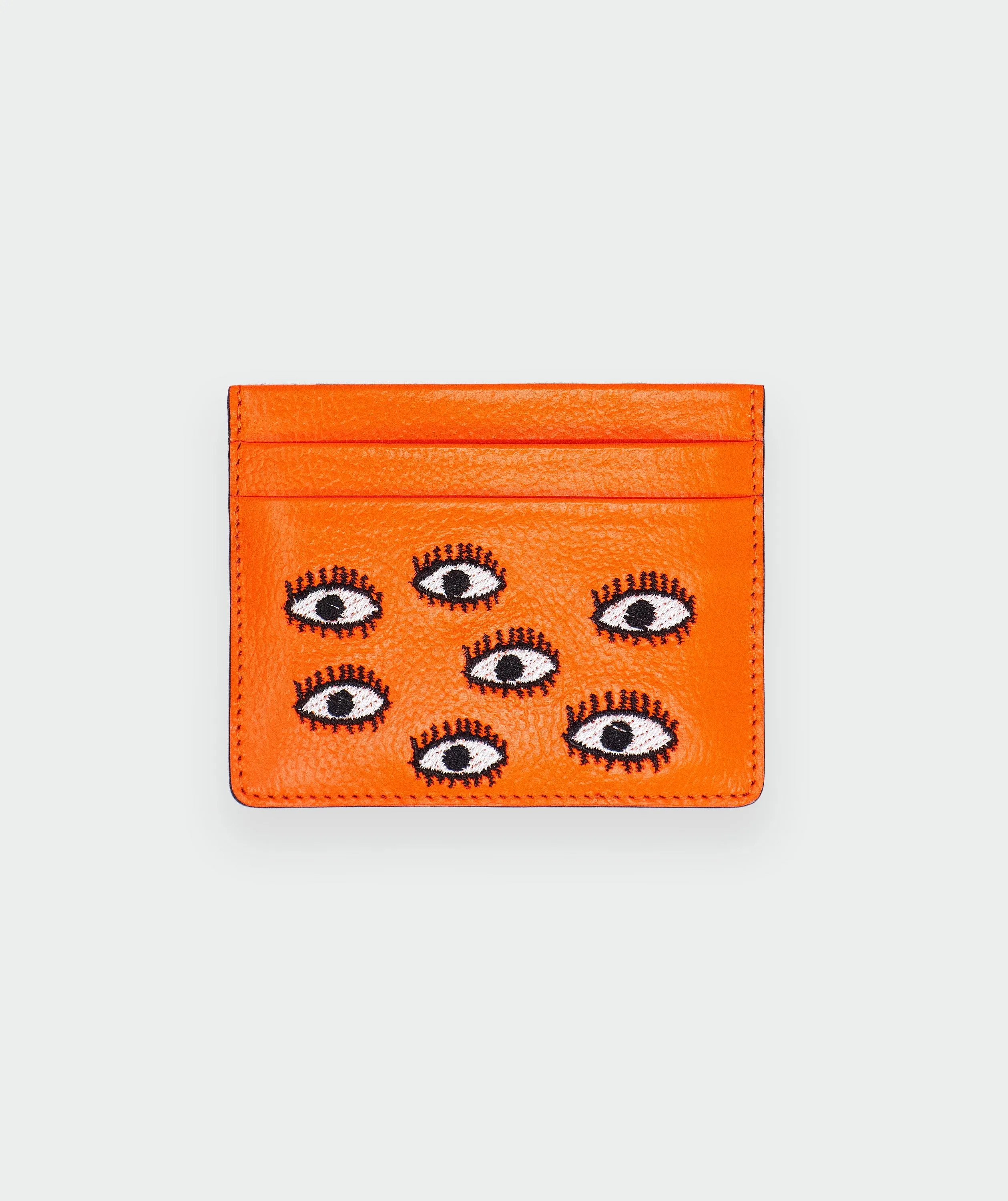 Filium Neon Orange Leather Cardholder - All Over Eyes Embroidery