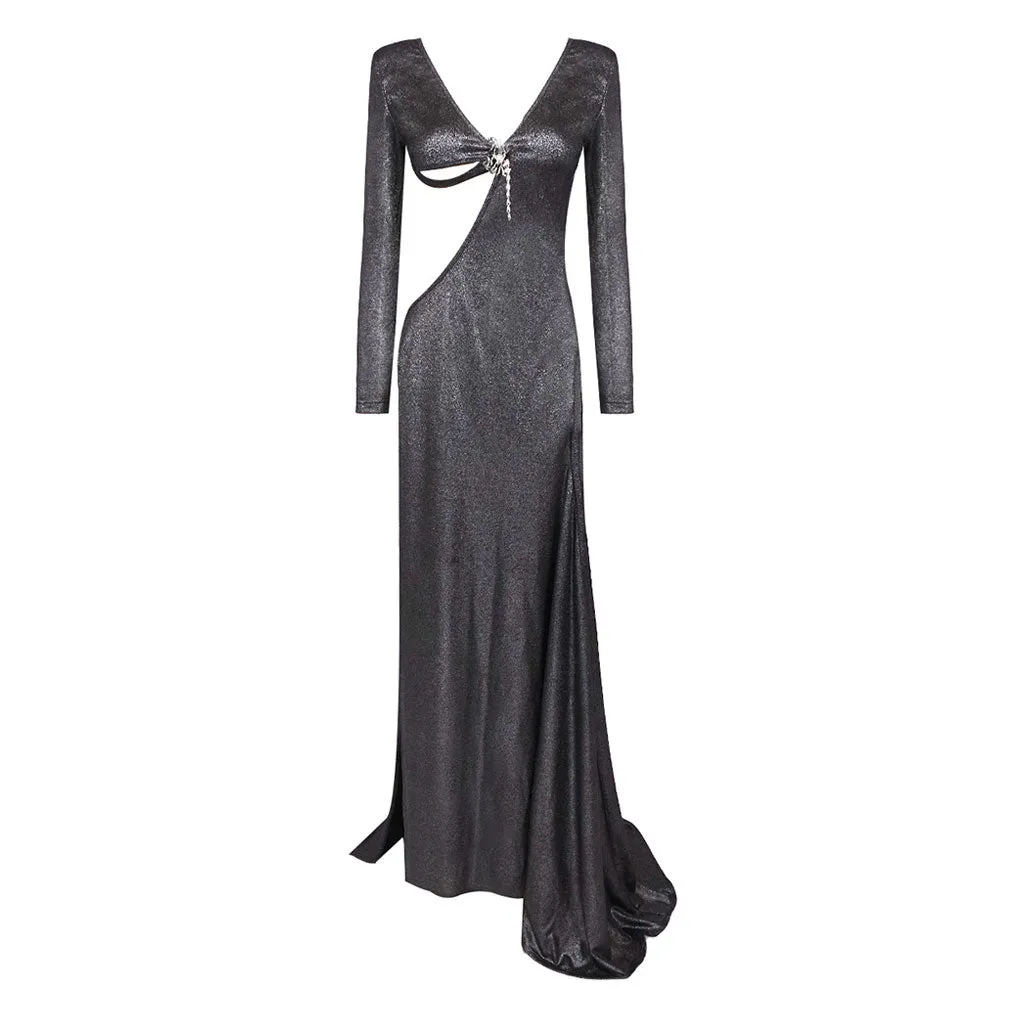 Glitter Metallic Lurex V Neck Long Sleeve Cutout Backless Split Maxi Gown Dress