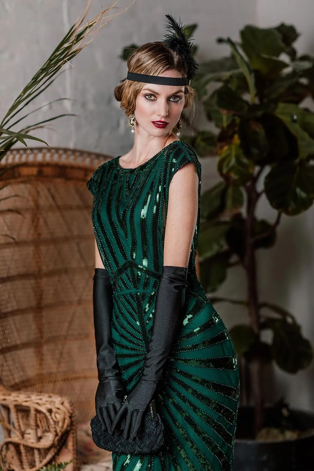 Green 1920s Sequin Art Deco Maxi Dress