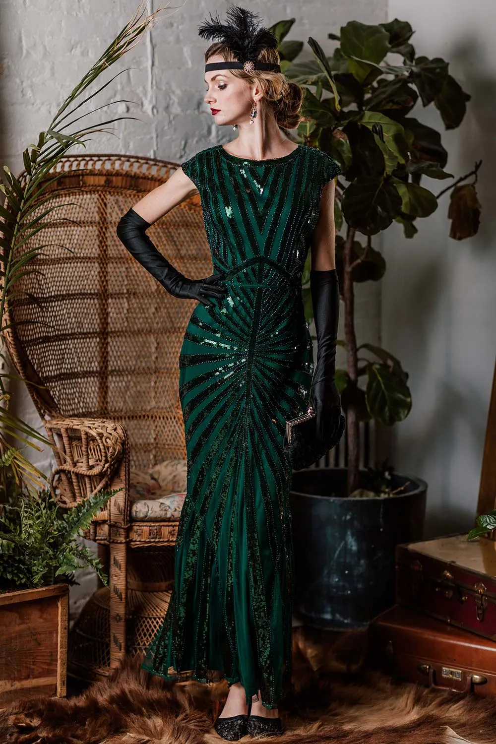 Green 1920s Sequin Art Deco Maxi Dress