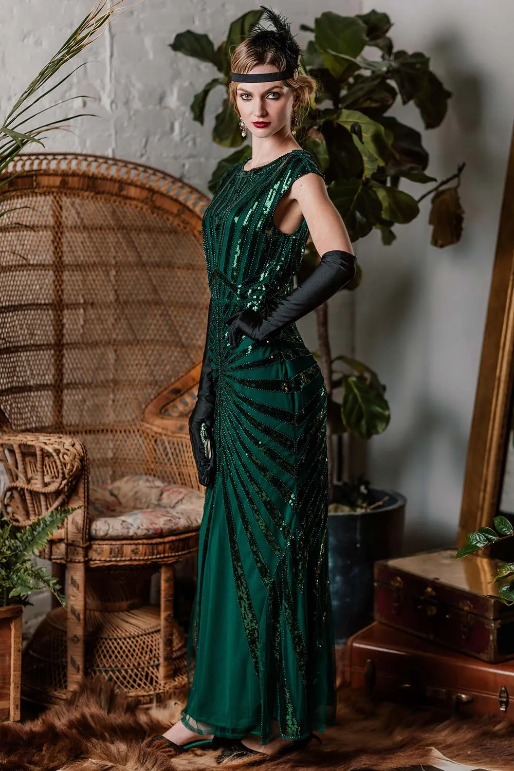 Green 1920s Sequin Art Deco Maxi Dress