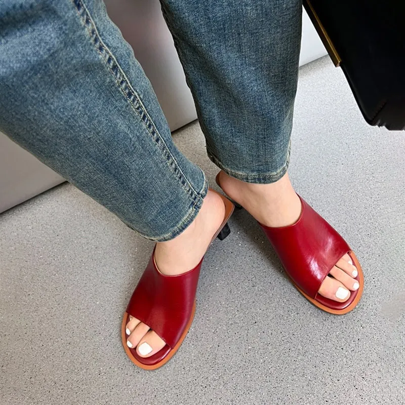 Handmade Genuine Leather Summer Slippers Block Heel in Red/Blue/White