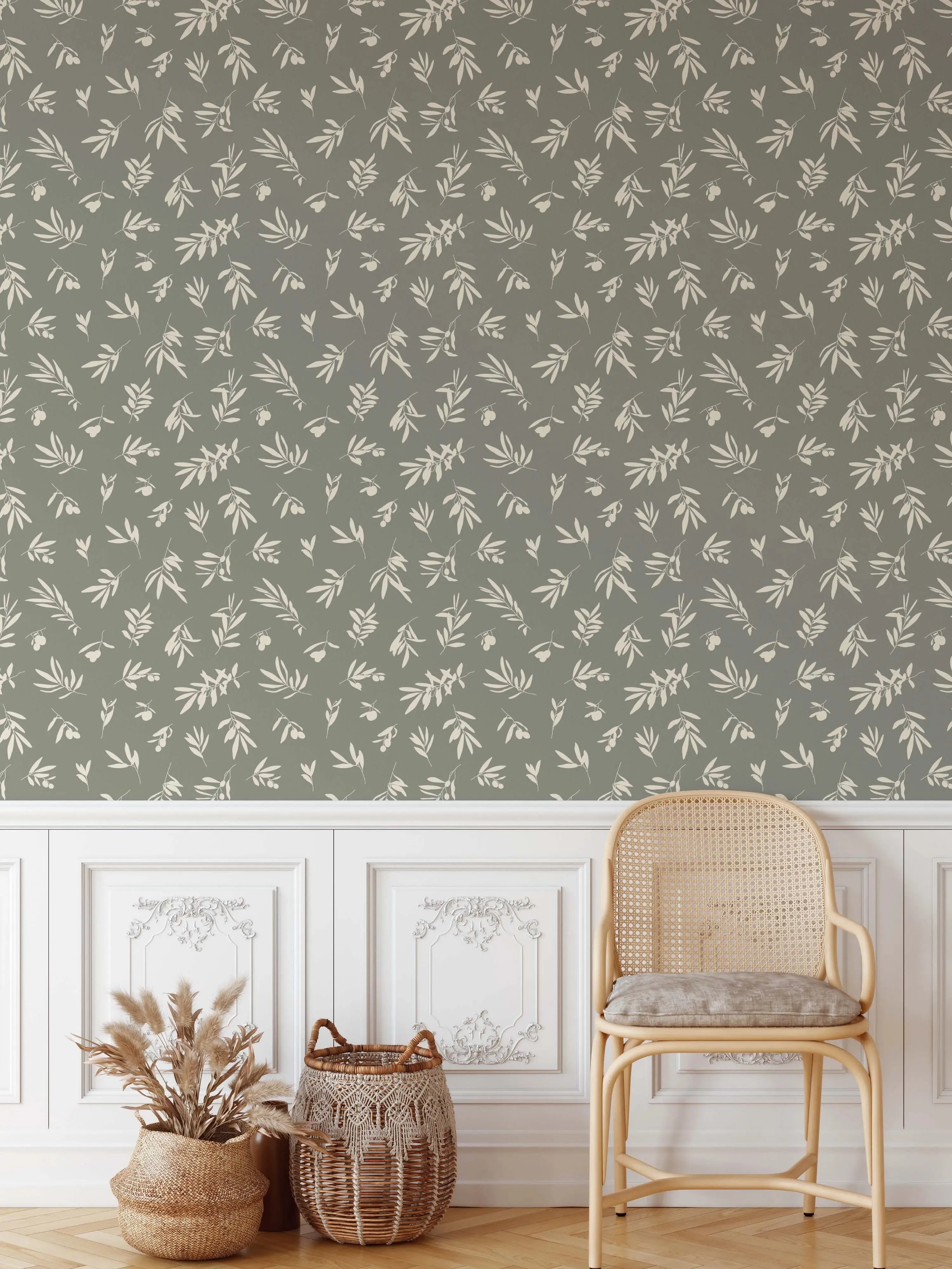 'Harriet' - Vintage White and Green Leaf Removable Wallpaper