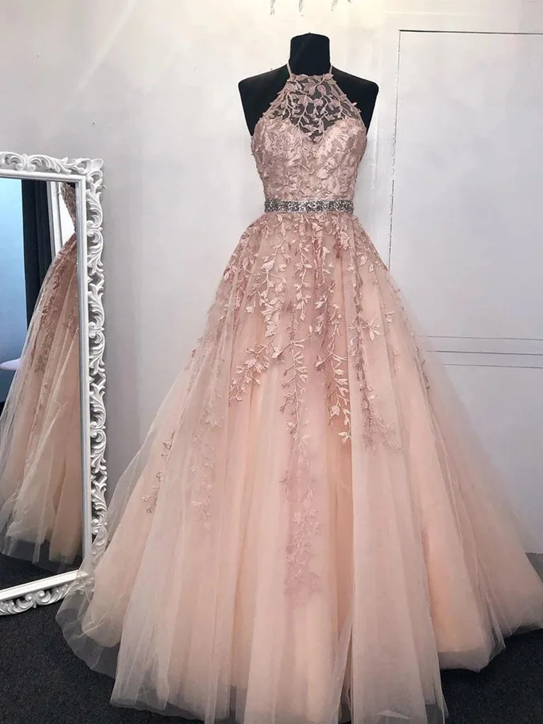 High Neck Lace Appliques Prom Dresses, Long Evening Graduation Dresses PO388