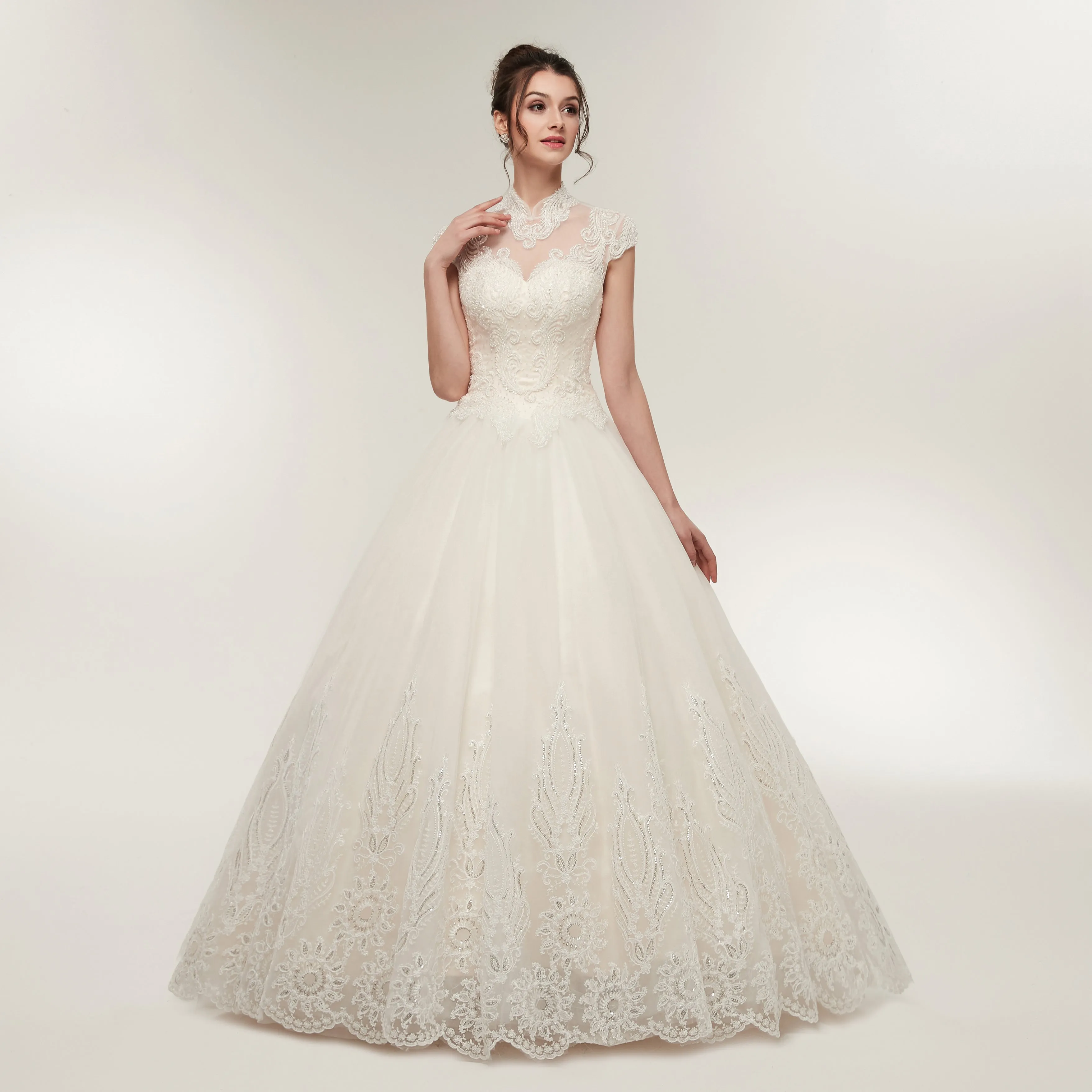 High Neck Light Champagne Appliques Elegant Lace Tulle Wedding Dresses AS50639