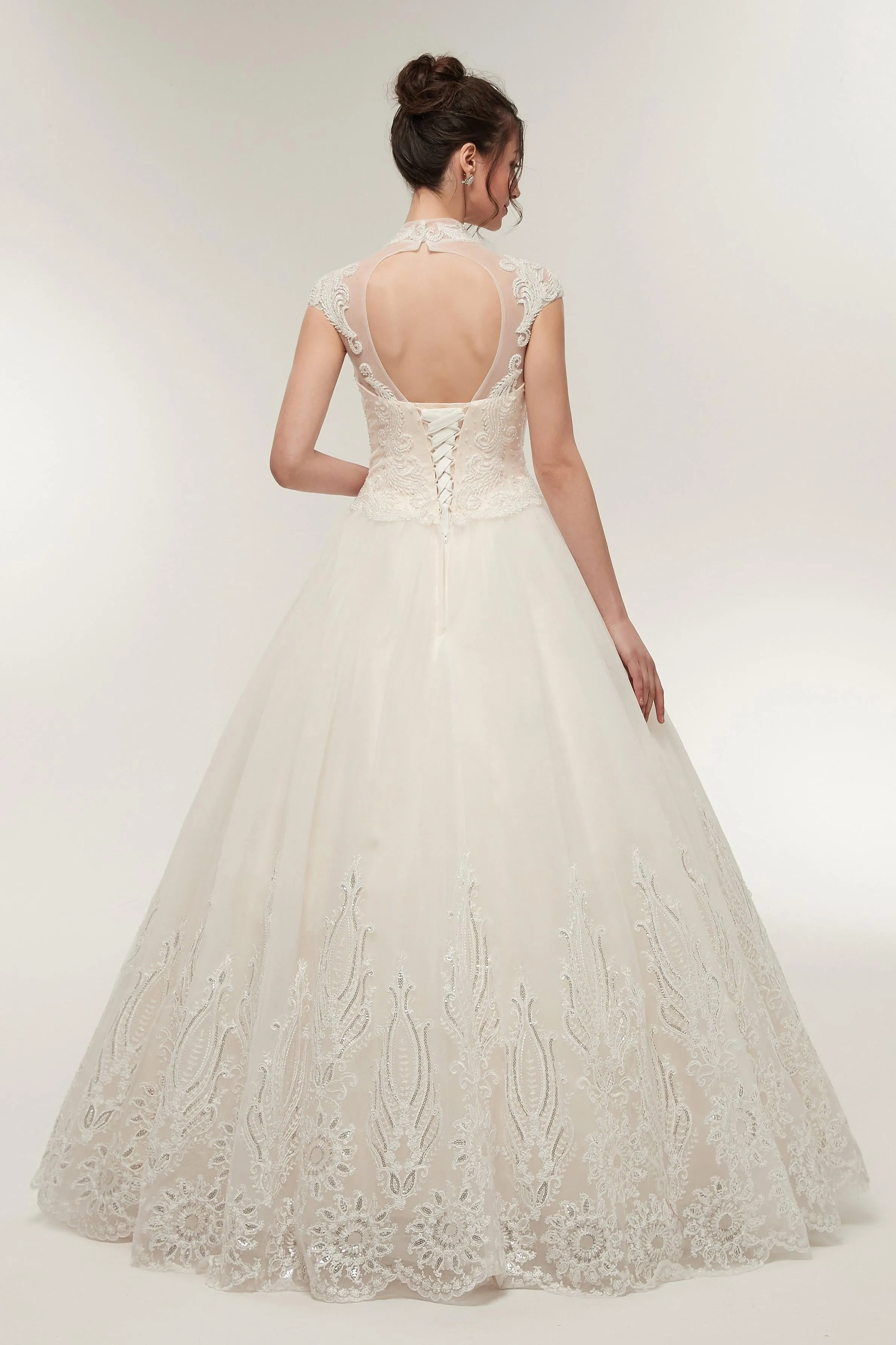 High Neck Light Champagne Appliques Elegant Lace Tulle Wedding Dresses AS50639