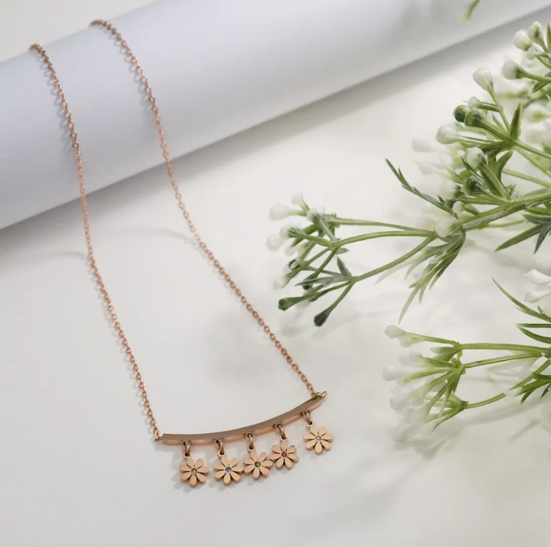 Intricate Studded Floral Hanging Rose Gold Plated Chain Pendant Necklace - Prima Donna