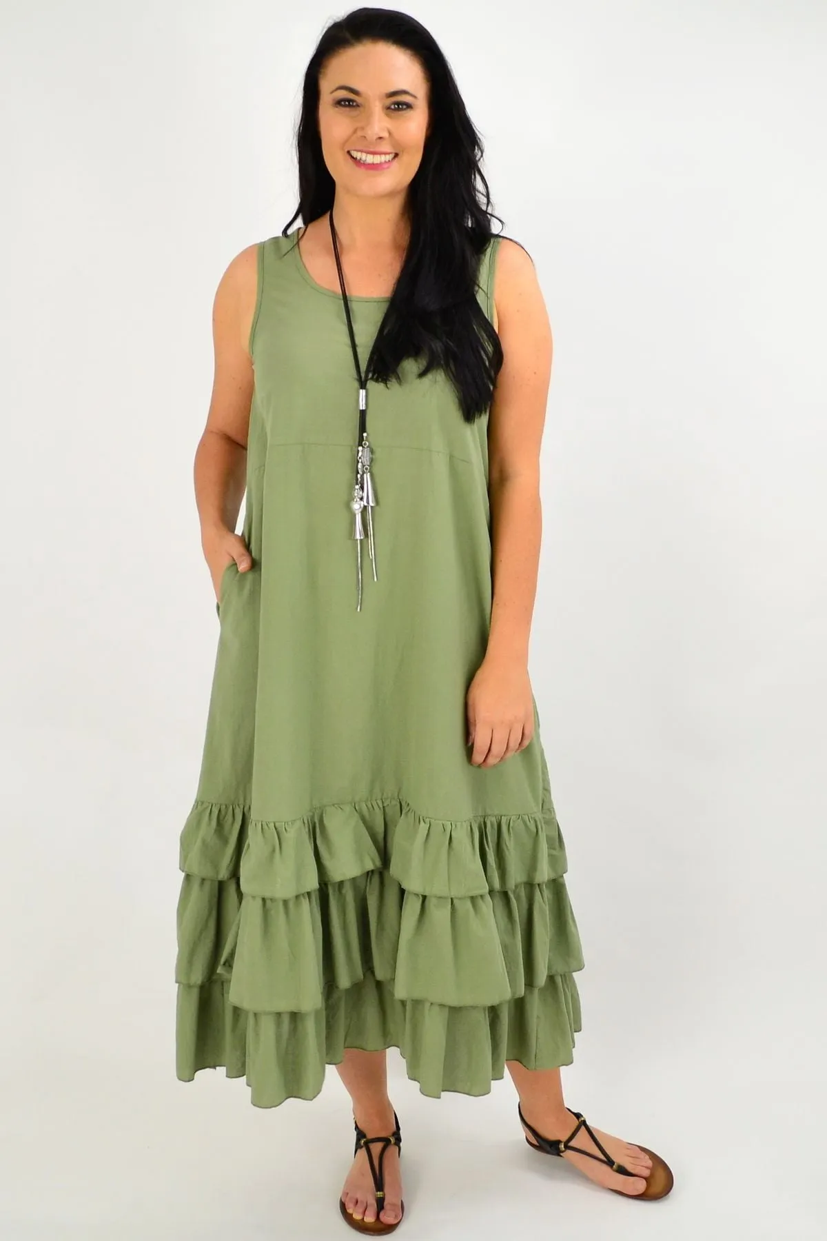 Khaki Ruffle Layer Tunic Maxi Dress